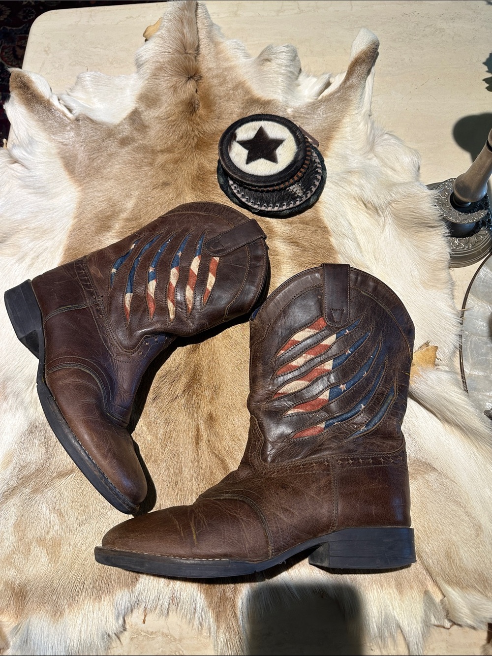 Men's Brown Leather Western Boots with American Flag Inlay